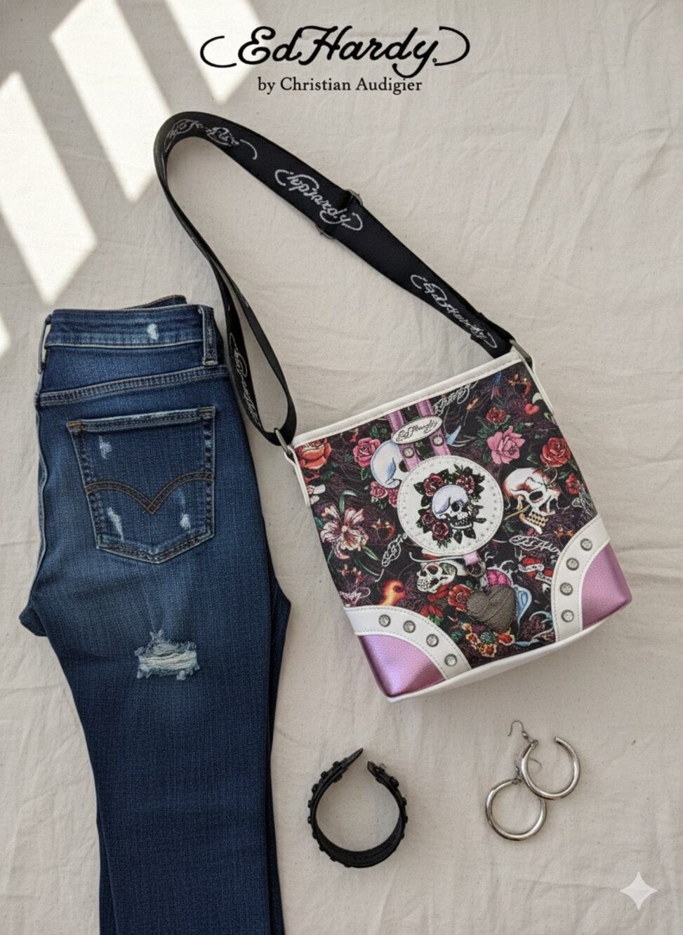 NWT Ed Hardy Y2K Crossbody Bag - Skull & Rose Tattoo Print - Pink Metallic
